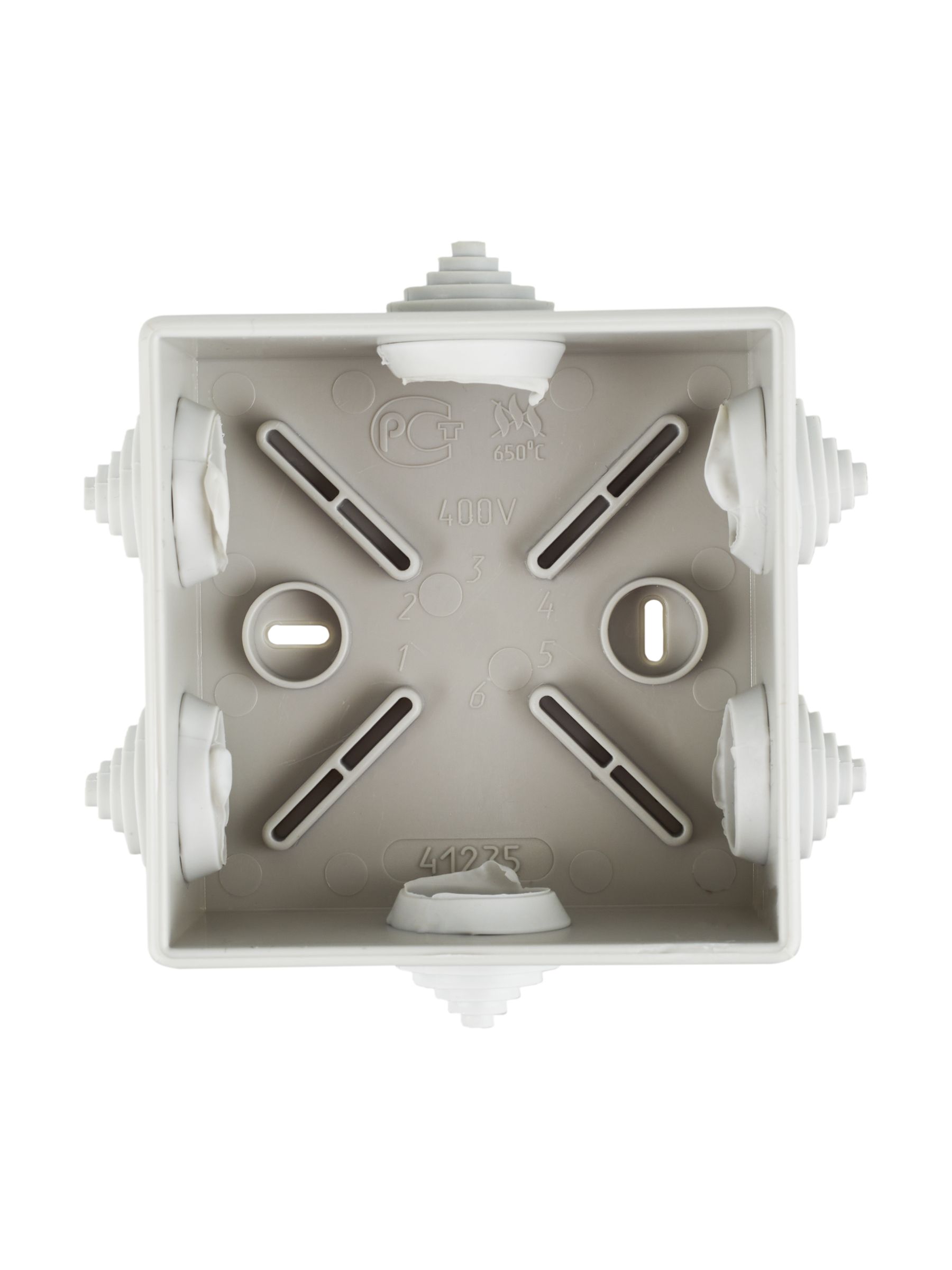 Коробка КМ41235 распаячная для открытой проводки 85х85х45 мм IP44 (RAL7035, 6 гермовводов) ИЭК