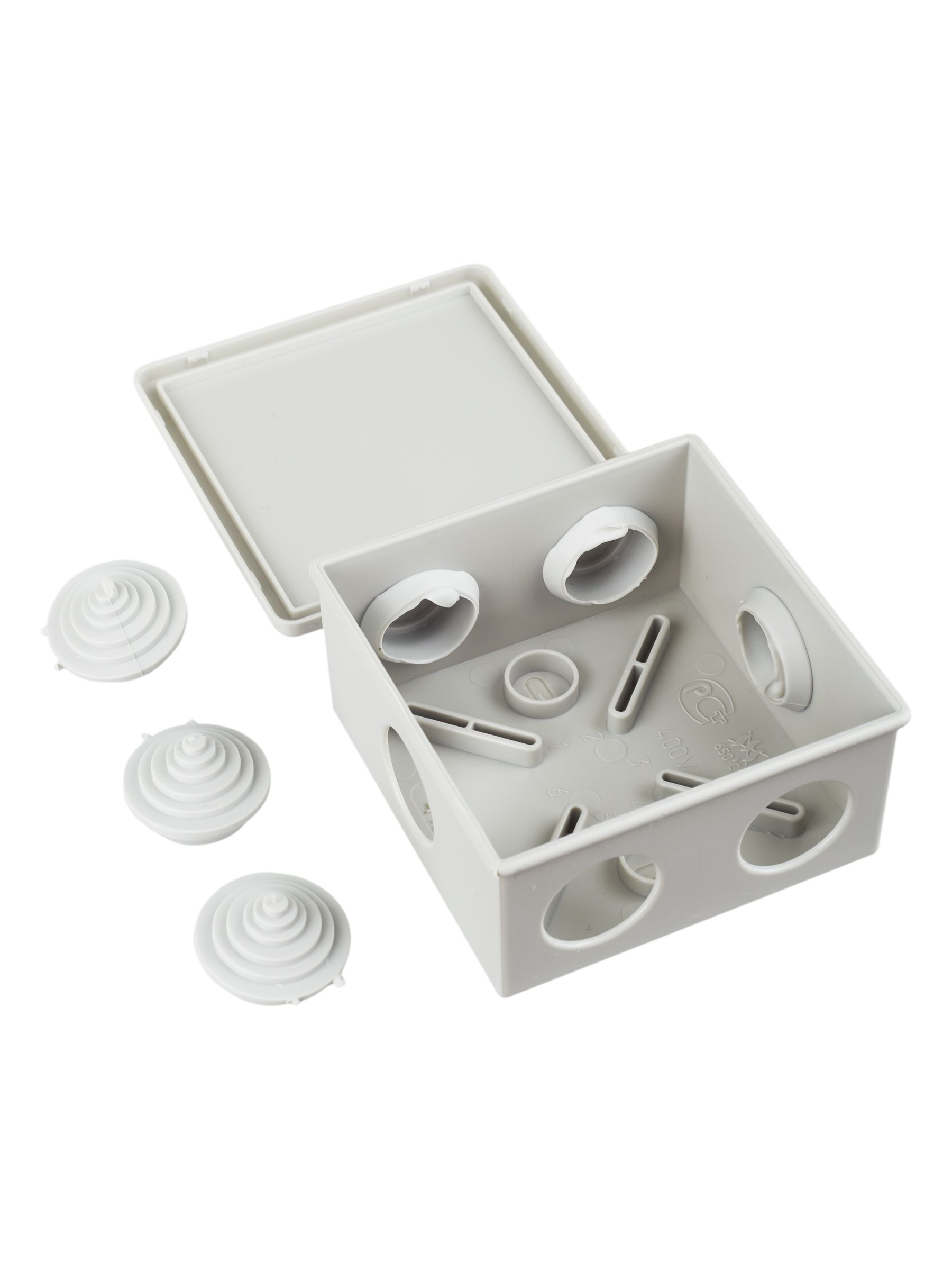 Коробка КМ41235 распаячная для открытой проводки 85х85х45 мм IP44 (RAL7035, 6 гермовводов) ИЭК