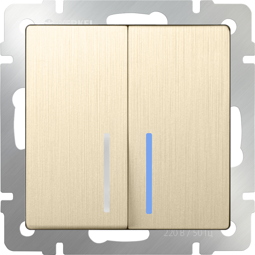 Выключатель 2-клавишный проходной с подсветкой /WL10-SW-2G-2W-LED (шампань рифленый)