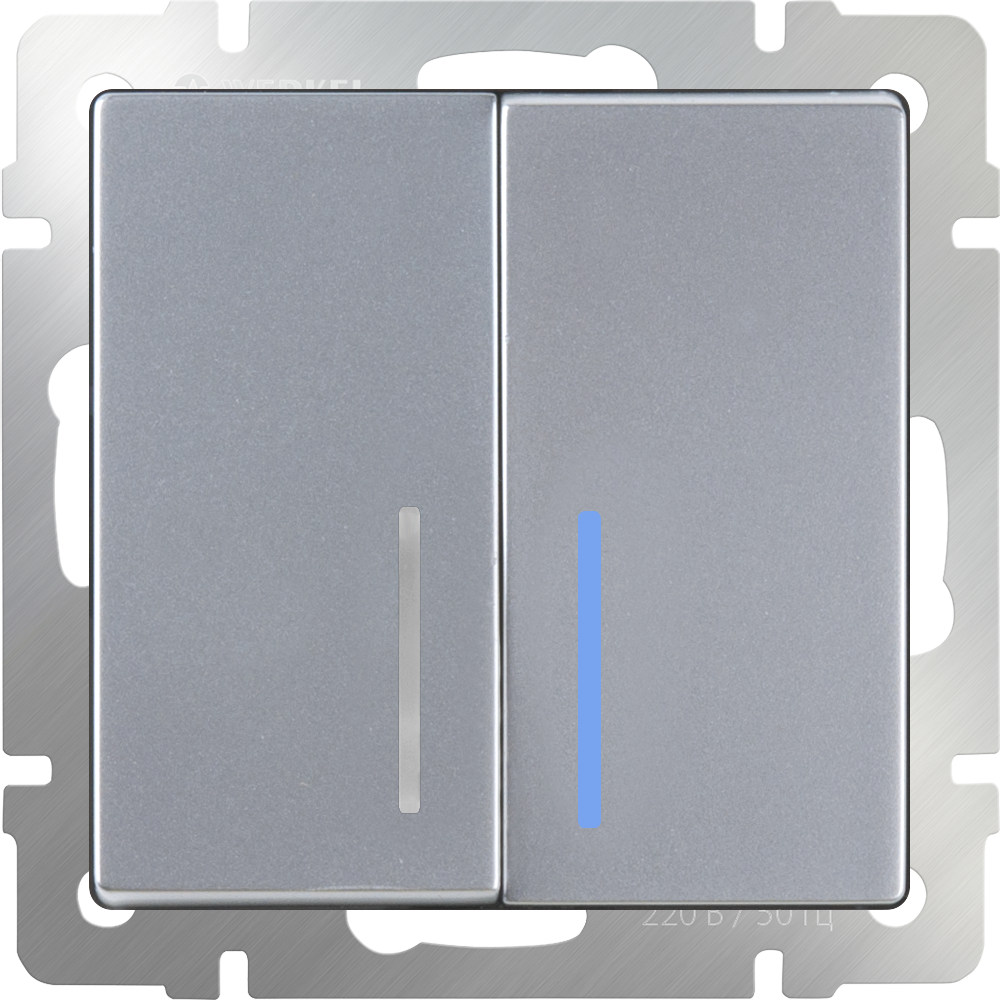 Выключатель 2-клавишный проходной с подсветкой /WL06-SW-2G-2W-LED (серебряный)