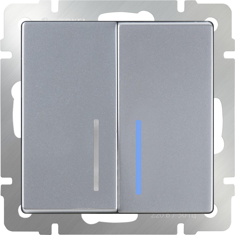Выключатель 2-клавишный проходной с подсветкой /WL06-SW-2G-2W-LED (серебряный)