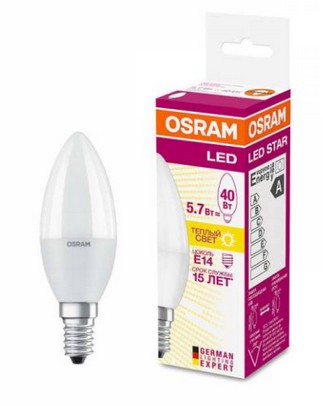 Лампа светодиодная LEDSCLB40 5,7W/827 230V FR E14 10*1RU OSRAM /4052899971608/