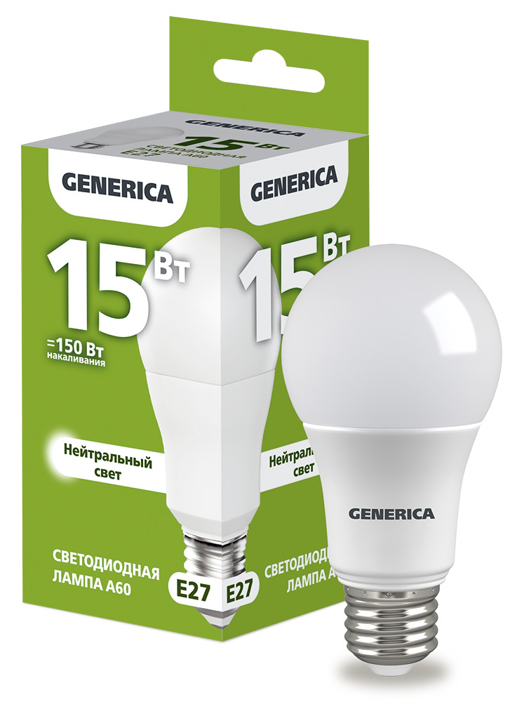 Лампа светодиодная A60 груша 15Вт 230В 4000К E27 GENERICA ИЭК