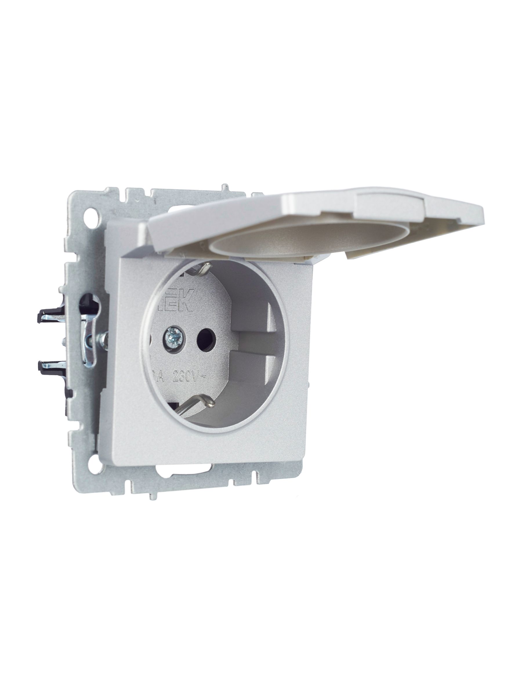 BRITE Розетка 1-местная с заземлением со шторками и крышкой 16А IP20 РСбш10-3-БрА алюминий ИЭК