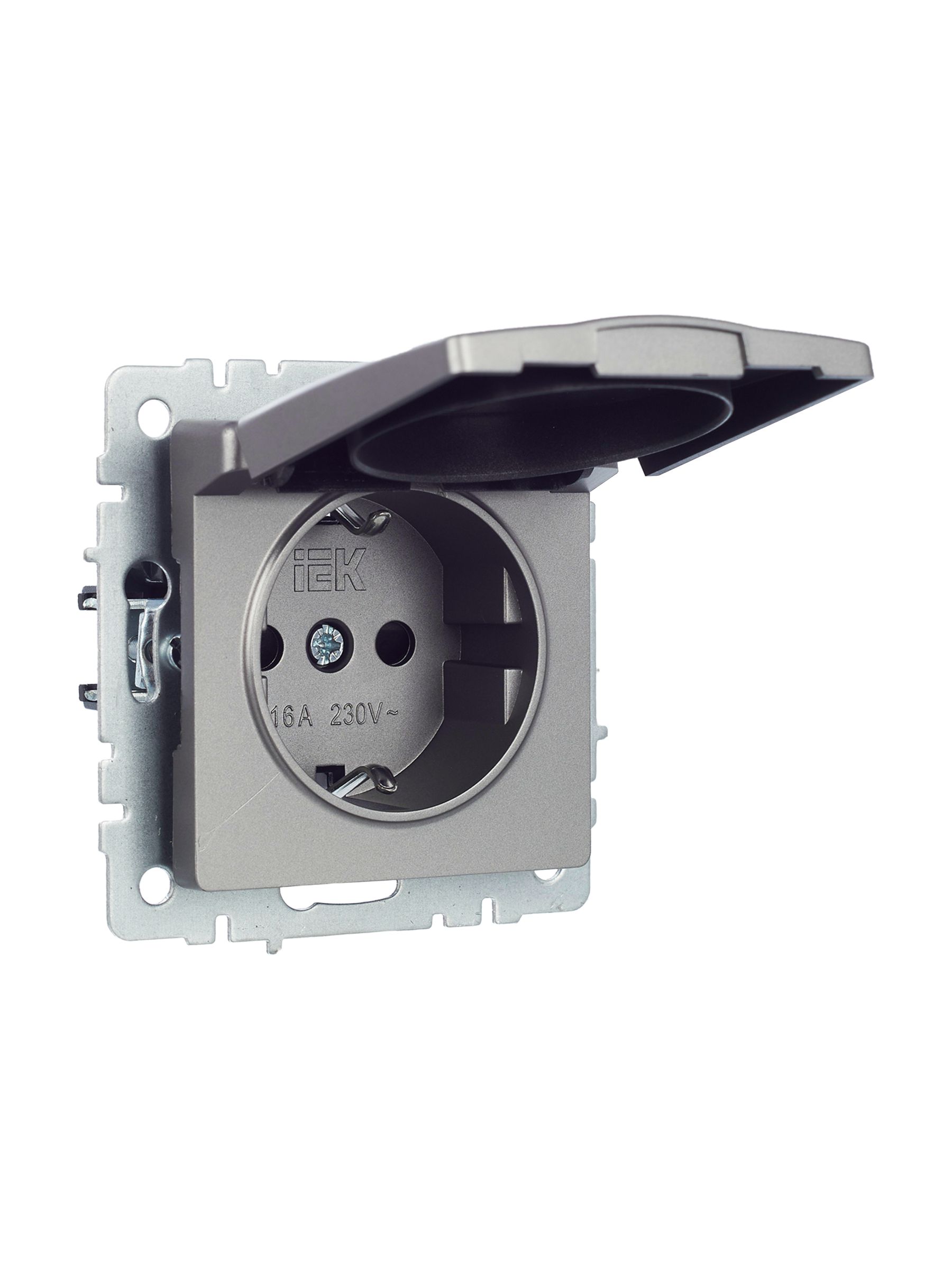 BRITE Розетка 1-местная с заземлением с защитными шторками и крышкой 16А IP20 РСбш10-3-БрС сталь ИЭК