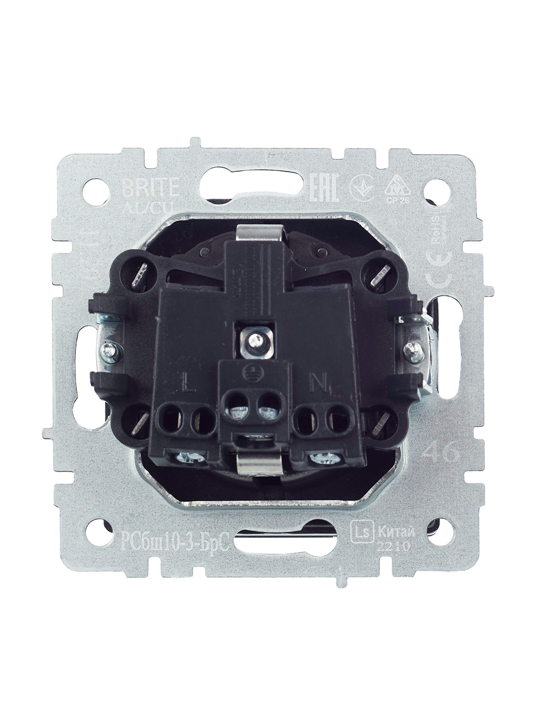 BRITE Розетка 1-местная с заземлением с защитными шторками и крышкой 16А IP20 РСбш10-3-БрС сталь ИЭК