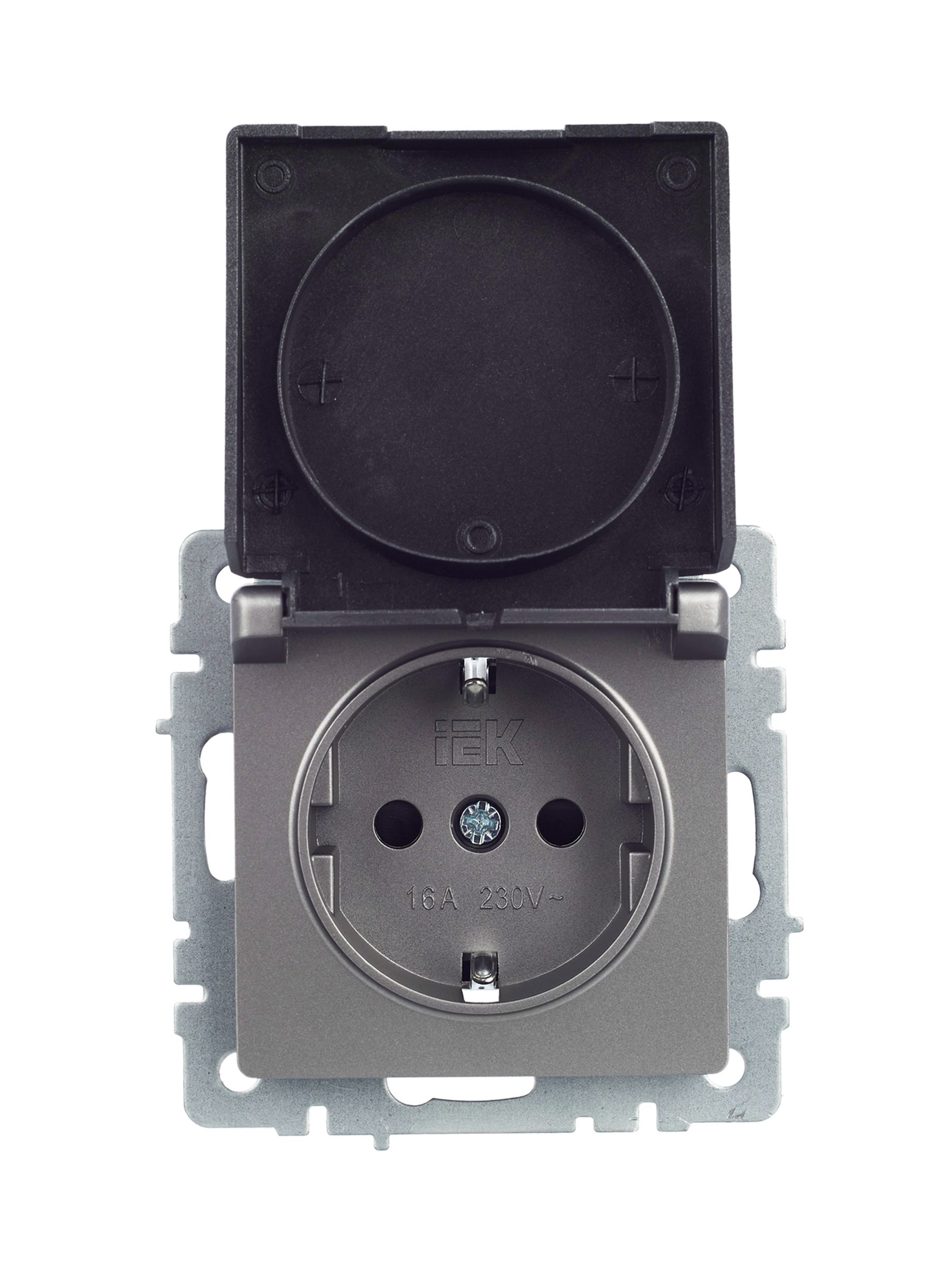 BRITE Розетка 1-местная с заземлением с защитными шторками и крышкой 16А IP20 РСбш10-3-БрС сталь ИЭК