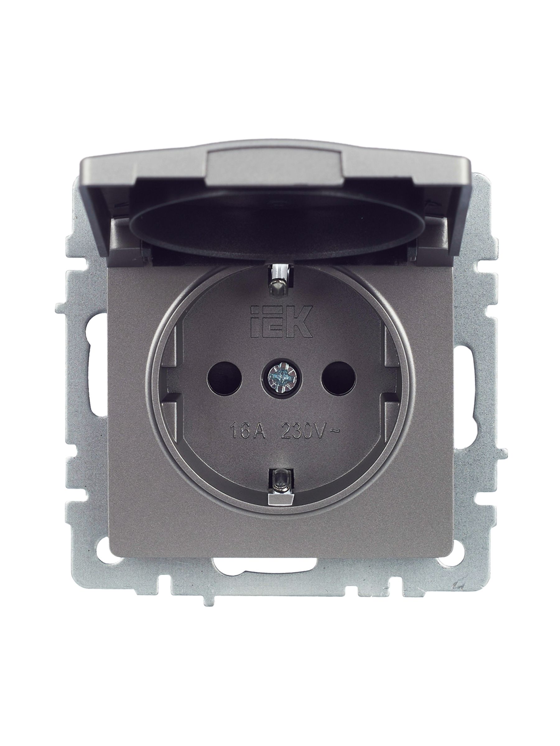 BRITE Розетка 1-местная с заземлением с защитными шторками и крышкой 16А IP20 РСбш10-3-БрС сталь ИЭК