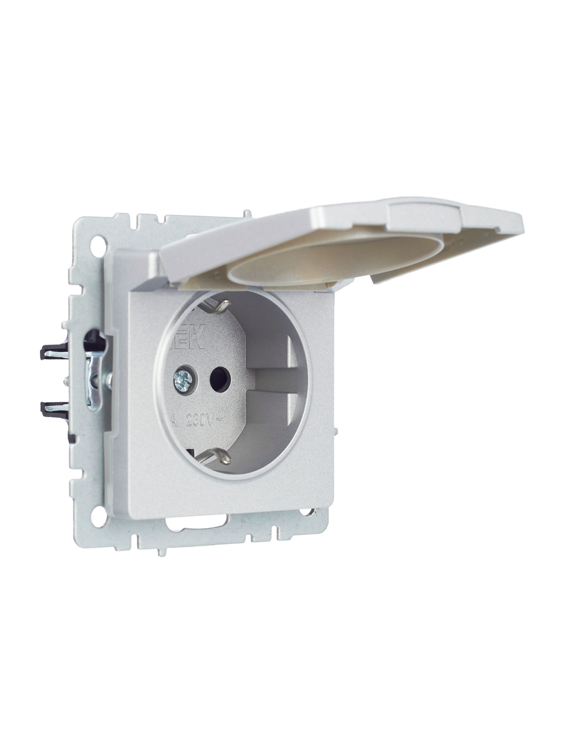 BRITE Розетка 1-местная с заземлением со шторками и крышкой 16А IP44 РСбш10-3-44-БрА алюминий ИЭК