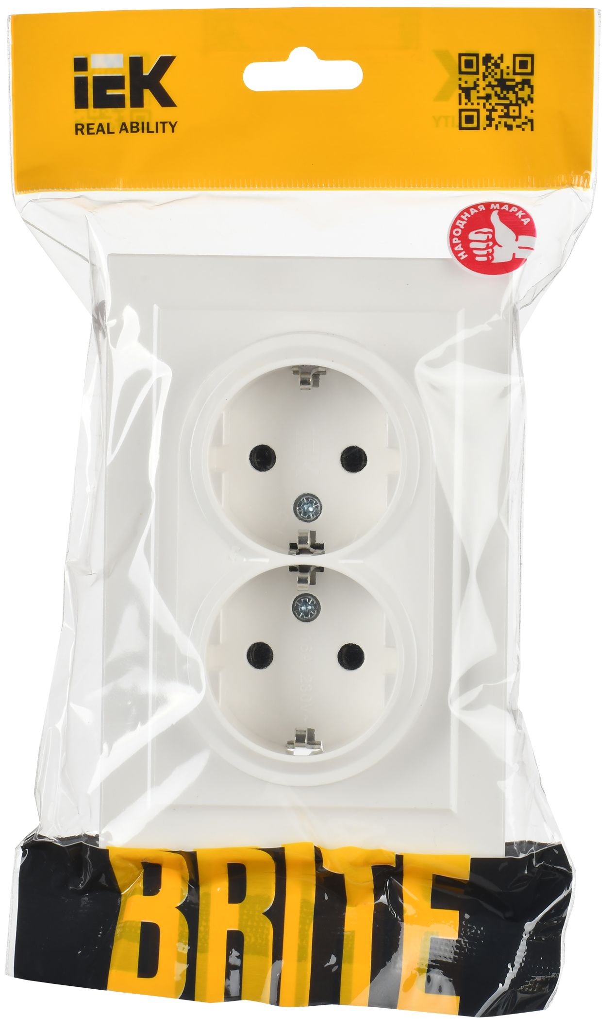 Розетка 2-местная с заземляющим контактом без защитных шторок 16А в сборе РС12-3-БрБ белая BRITE ИЭК