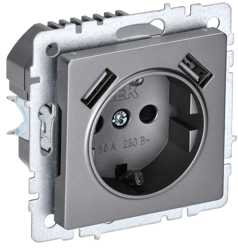BRITE Розетка 1-местная с заземлением с защитными шторками 16А с USB A+A 5B 2,1A  РЮш10-1-БрС сталь  IEK