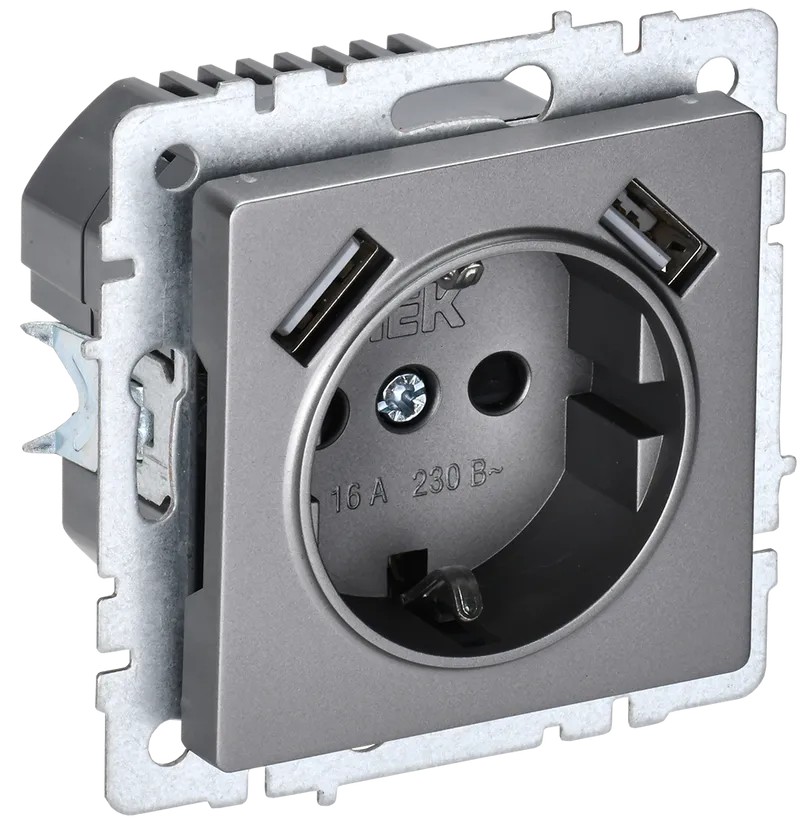 BRITE Розетка 1-местная с заземлением с защитными шторками 16А с USB A+A 5B 2,1A  РЮш10-1-БрС сталь  IEK