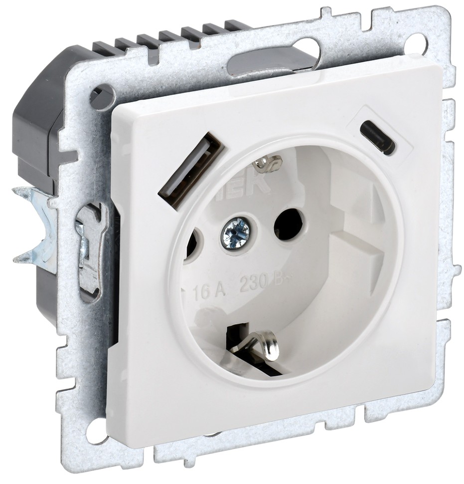 BRITE Розетка 1-местная с заземлением с защитными шторками 16А с USB A+C 18Вт РЮш11-1-БрБ белый ИЭК