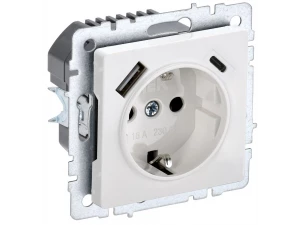 BRITE Розетка 1-местная с заземлением с защитными шторками 16А с USB A+C 18Вт РЮш11-1-БрБ белый ИЭК