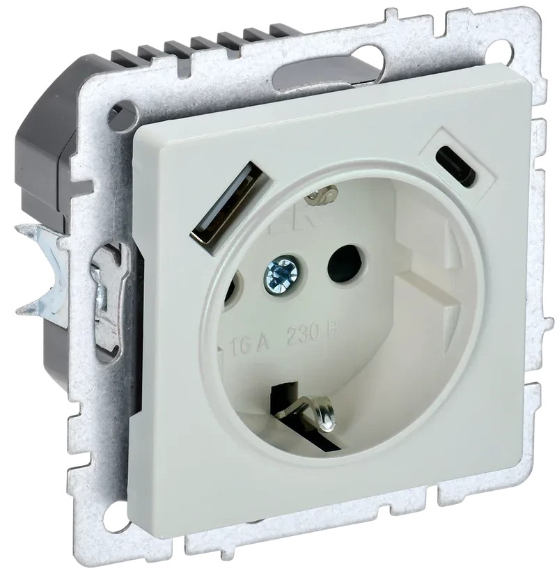 BRITE Розетка 1-местная с заземлением с защитными шторками 16А с USB A+C 18Вт РЮш11-1-БрЖ жемчуг ИЭК