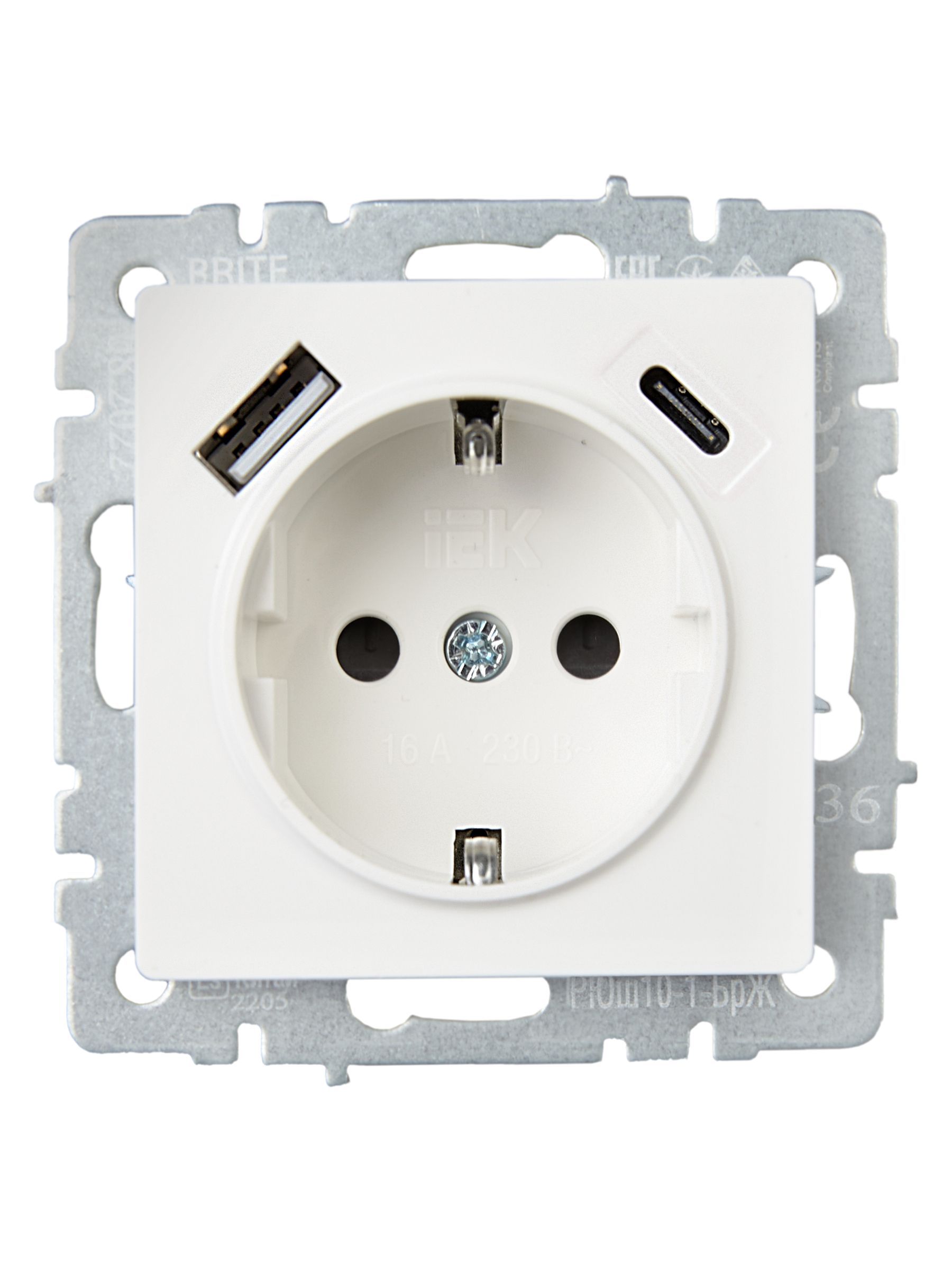 BRITE Розетка 1-местная с заземлением с защитными шторками 16А с USB A+C 18Вт РЮш11-1-БрЖ жемчуг ИЭК