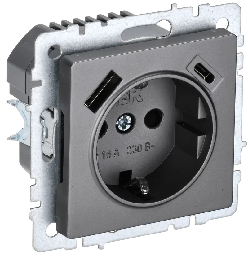 BRITE Розетка 1-местная с заземлением с защитными шторками 16А с USB A+C 18Вт РЮш11-1-БрС сталь ИЭК