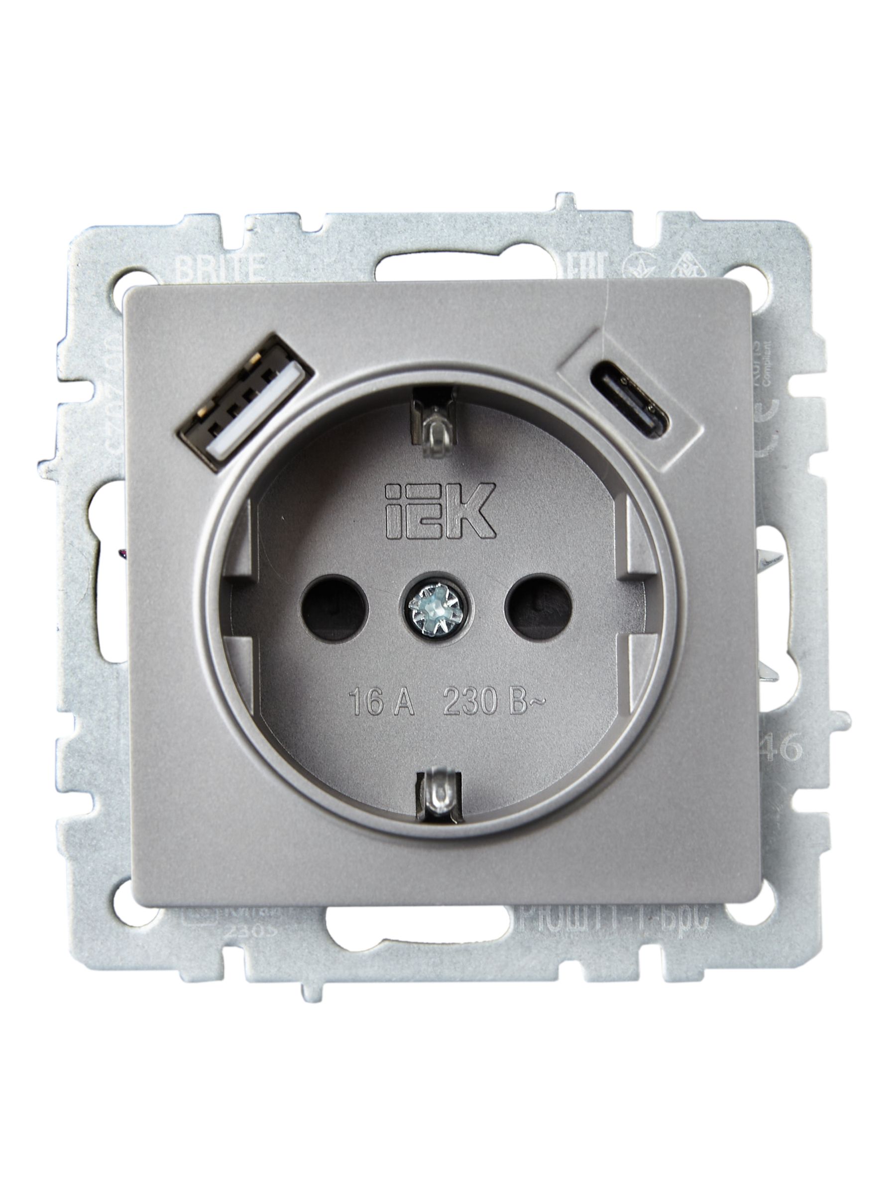 BRITE Розетка 1-местная с заземлением с защитными шторками 16А с USB A+C 18Вт РЮш11-1-БрС сталь ИЭК