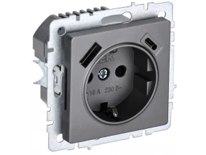 BRITE Розетка 1-местная с заземлением с защитными шторками 16А с USB A+C 18Вт РЮш11-1-БрС сталь ИЭК