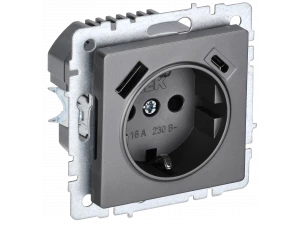 BRITE Розетка 1-местная с заземлением с защитными шторками 16А с USB A+C 18Вт РЮш11-1-БрС сталь ИЭК