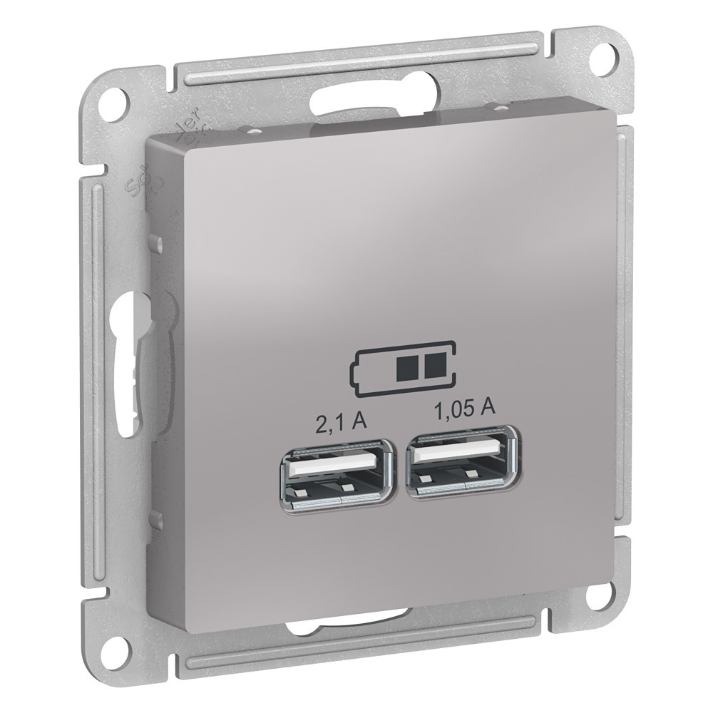 Розетка USB двойная для зарядки 5В/2, 1А, механизм, Алюминий, /ATN000333/