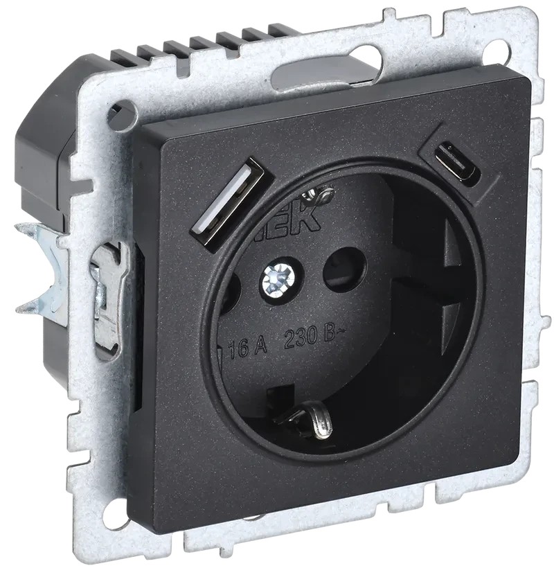 BRITE Розетка 1-местная с заземлением с защитными шторками 16А с USB A+C 18Вт РЮш11-1-БрЧ черный ИЭК