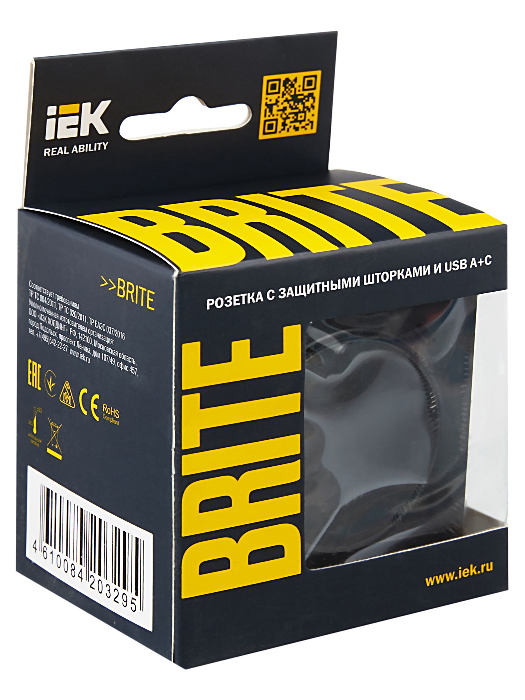 BRITE Розетка 1-местная с заземлением с защитными шторками 16А с USB A+C 18Вт РЮш11-1-БрЧ черный ИЭК