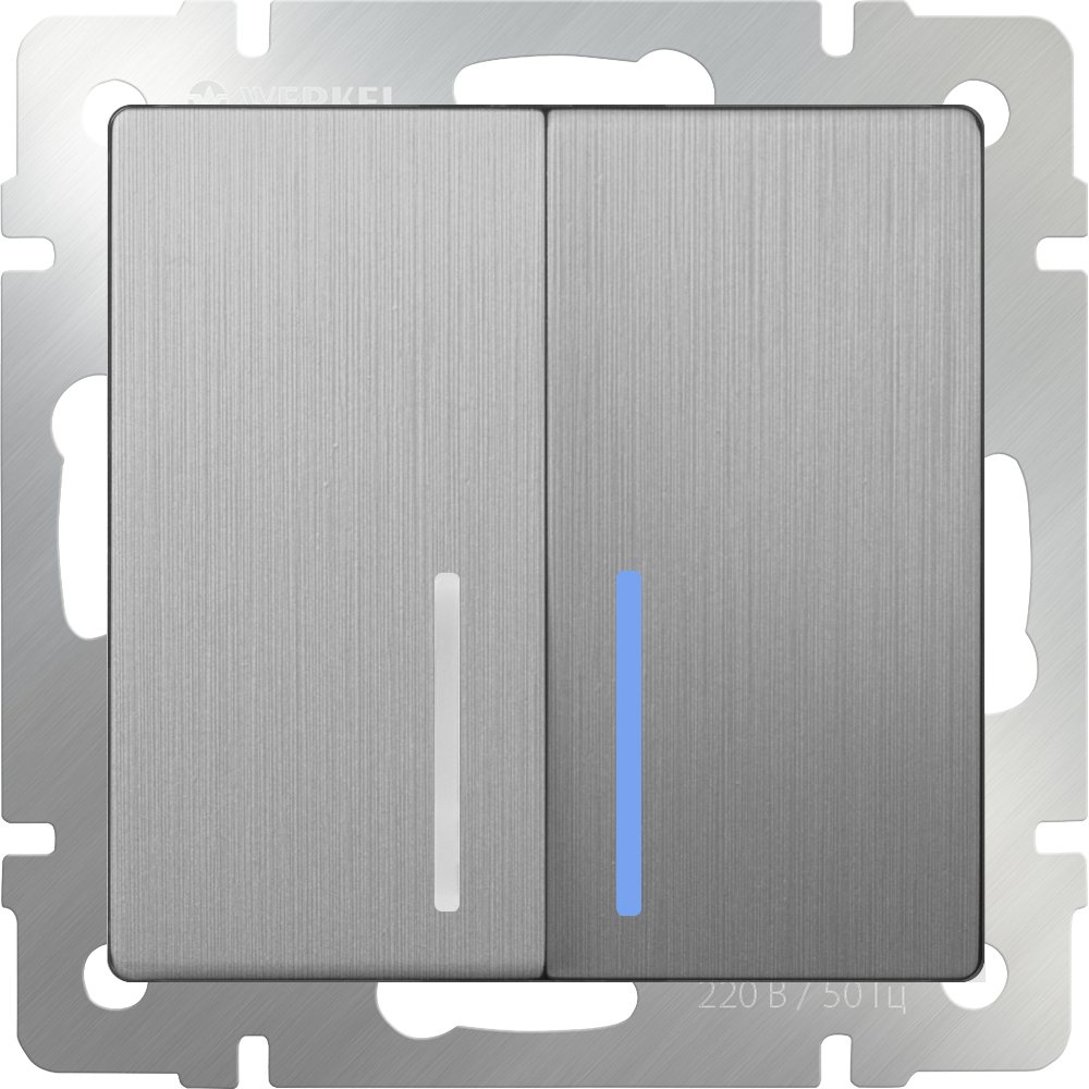 Выключатель 2-клавишный проходной с подсветкой /WL09-SW-2G-2W-LED (серебряный рифленый)