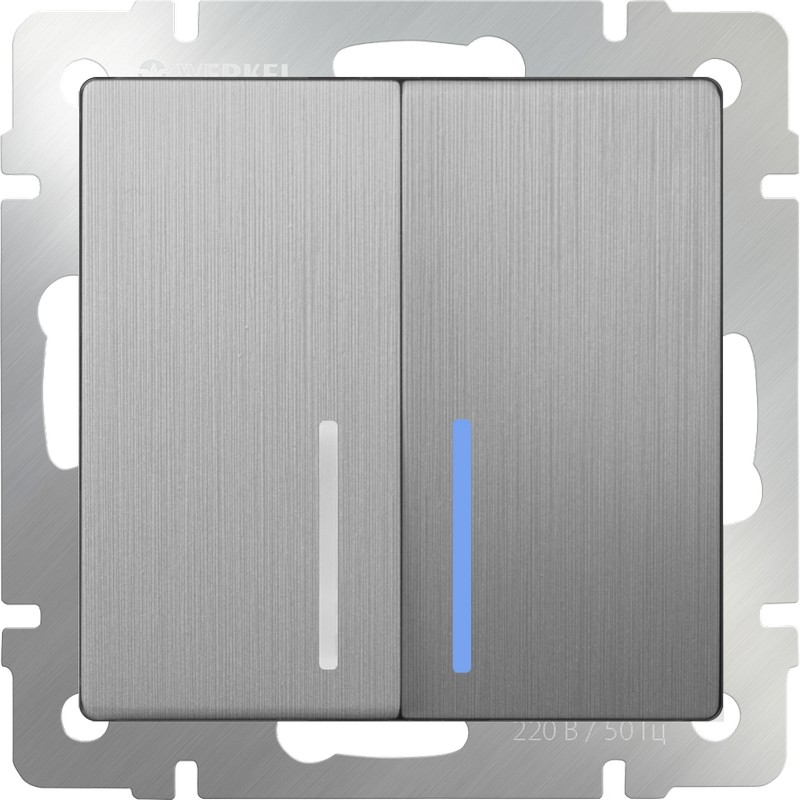 Выключатель 2-клавишный проходной с подсветкой /WL09-SW-2G-2W-LED (серебряный рифленый)