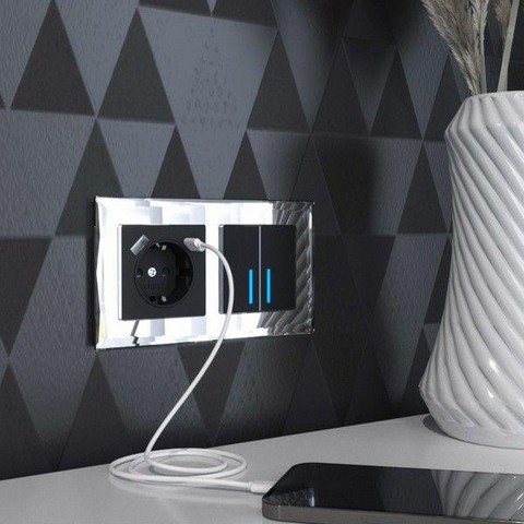 Розетка с заземлением, шторками и USB тип А+С /W1171708 (черный)