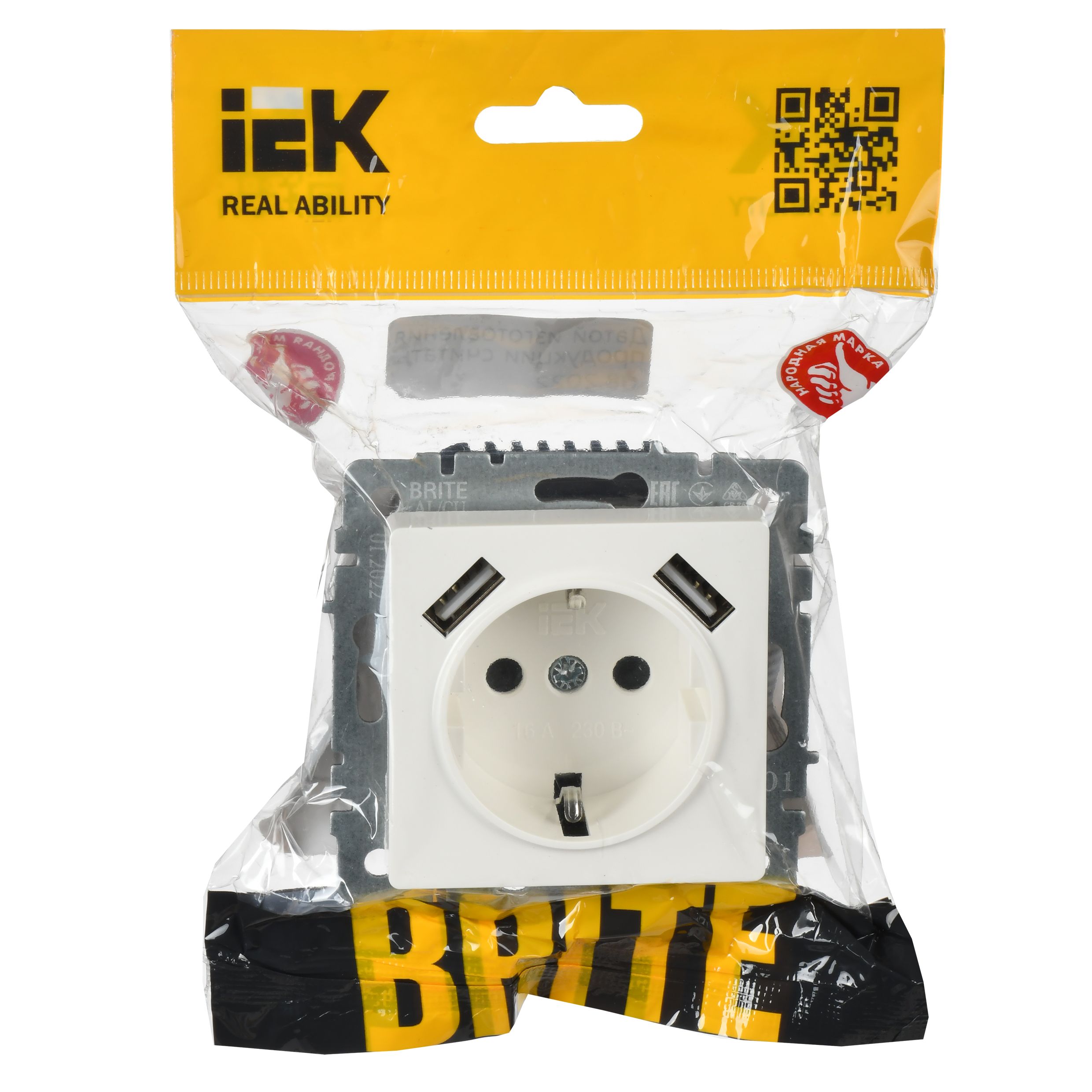 BRITE Розетка 1-местная с заземлением с защитными шторками 16А с USB A+A 5B 2,1A  РЮш10-1-БрБ белый ИЭК