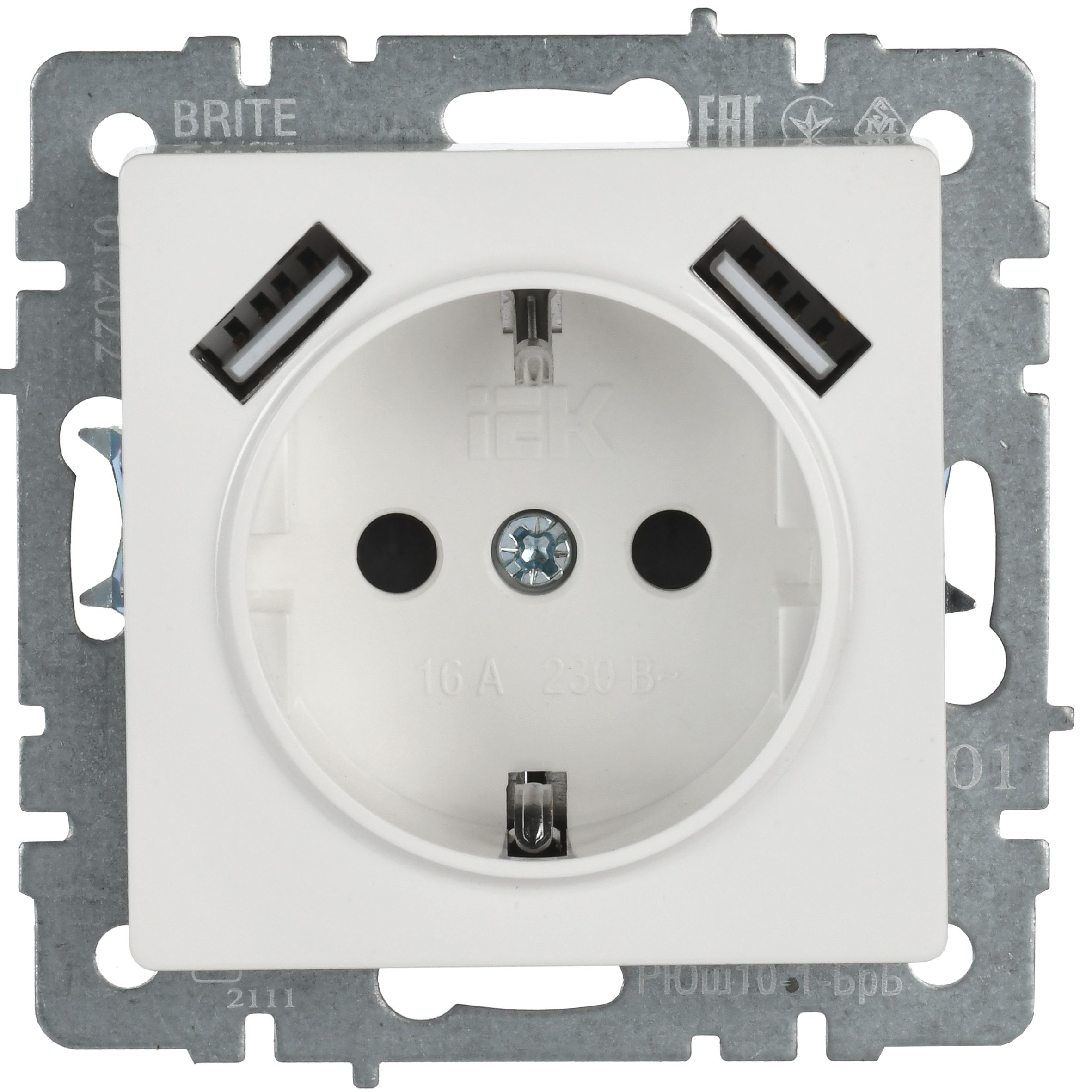 BRITE Розетка 1-местная с заземлением с защитными шторками 16А с USB A+A 5B 2,1A  РЮш10-1-БрБ белый ИЭК
