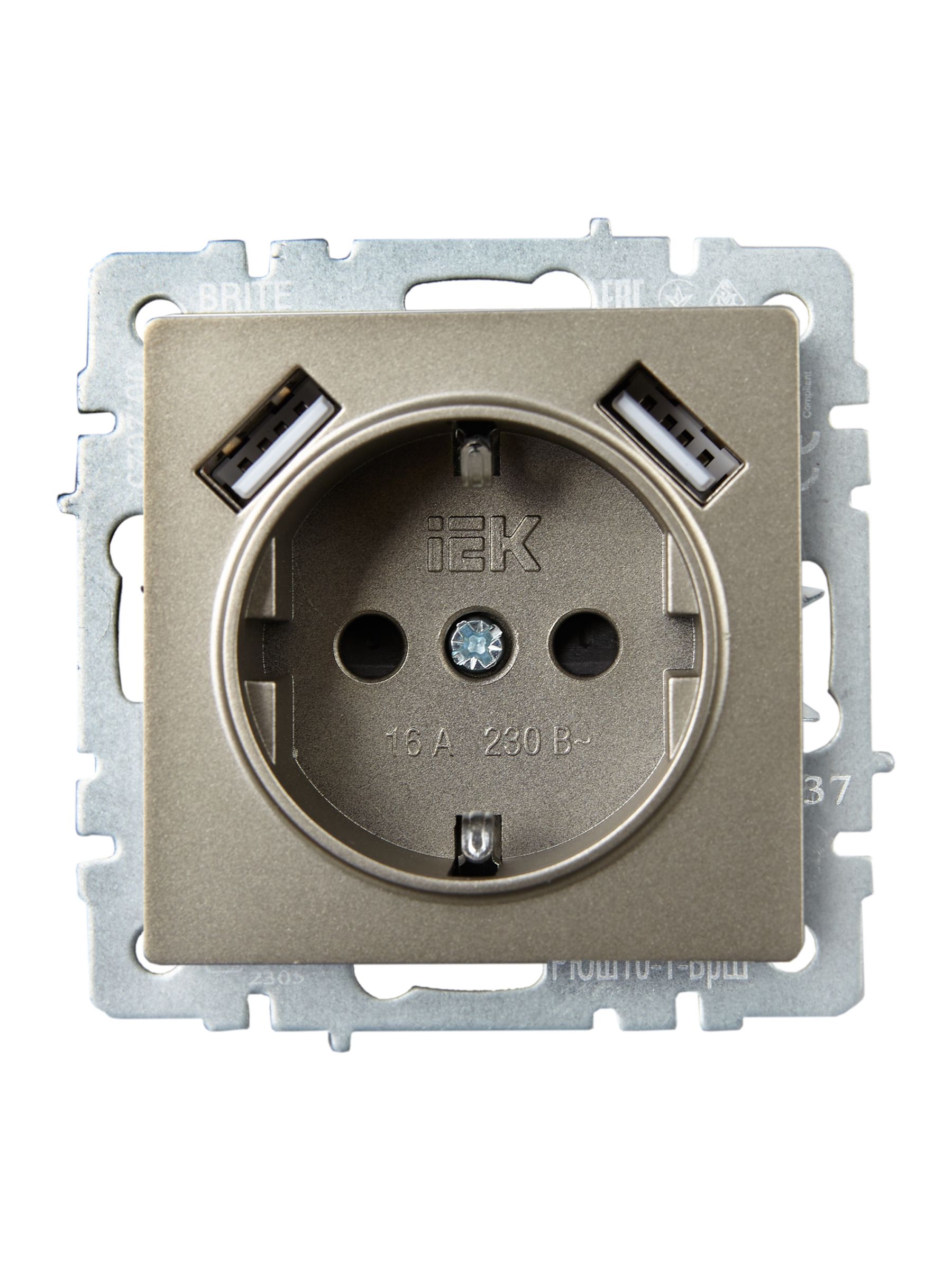BRITE Розетка 1-местная с заземлением с защитными шторками 16А с USB A+A 5B 2,1A  РЮш10-1-БрШ шампань ИЭК