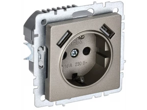 BRITE Розетка 1-местная с зазем. с защитными шторками 16А с USB A+A 5B 2,1A  РЮш10-1-БрШ шампань ИЭК