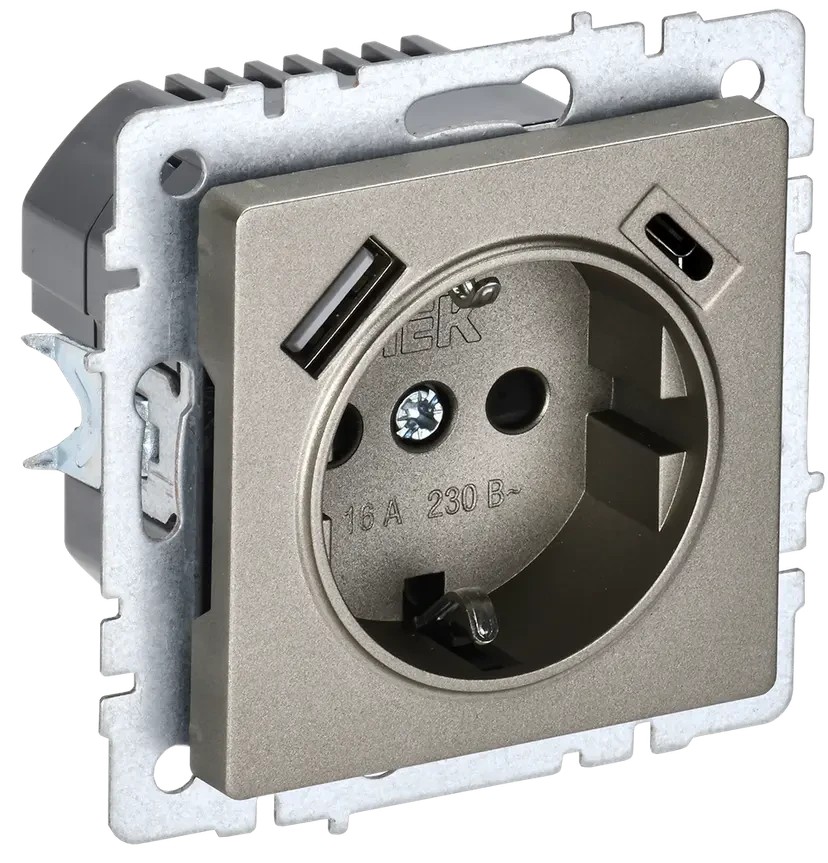 BRITE Розетка 1-местная с заземлением с защитными шторками 16А с USB A+C 18Вт РЮш11-1-БрШ шампань ИЭК