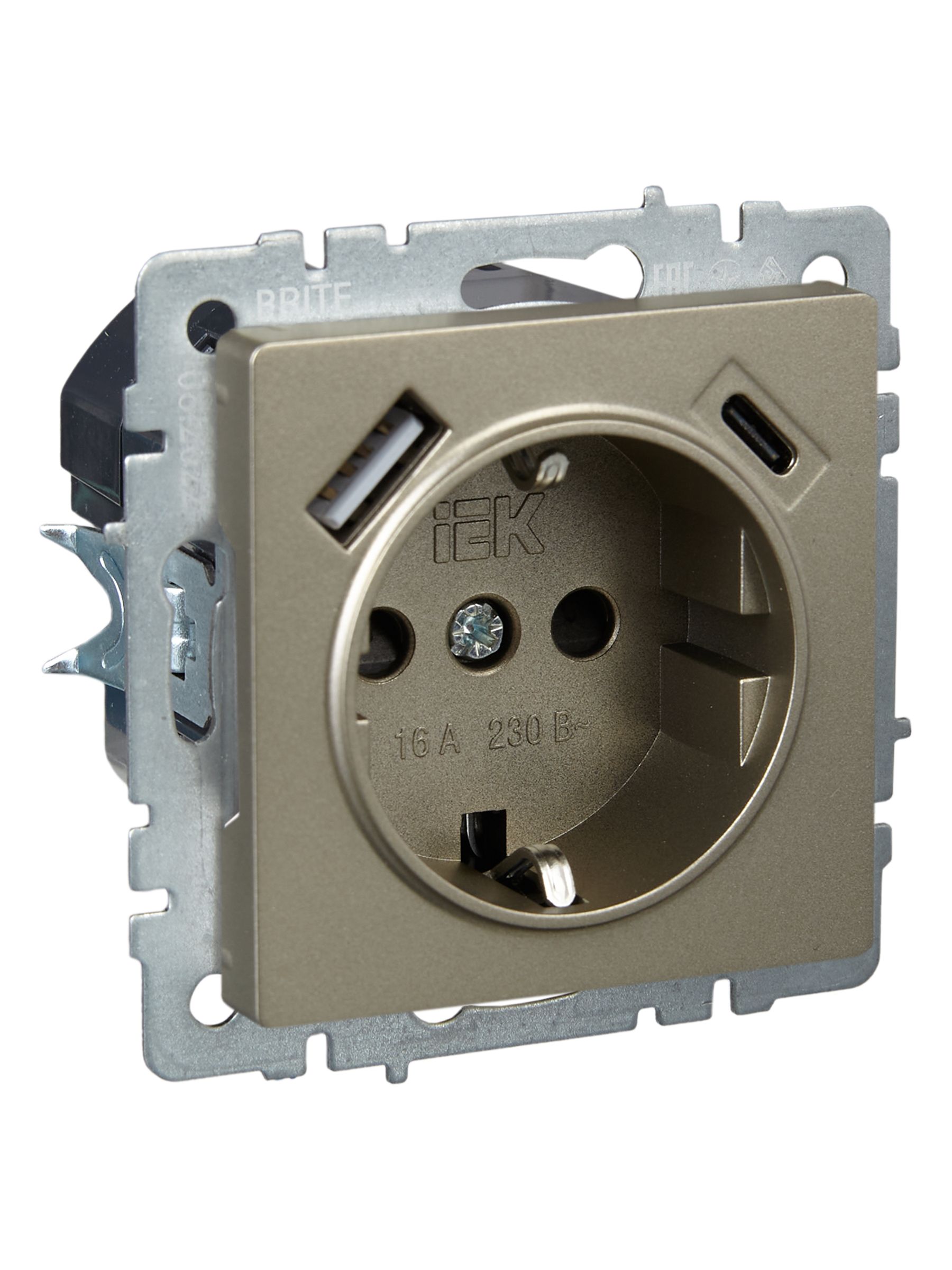 BRITE Розетка 1-местная с заземлением с защитными шторками 16А с USB A+C 18Вт РЮш11-1-БрШ шампань ИЭК
