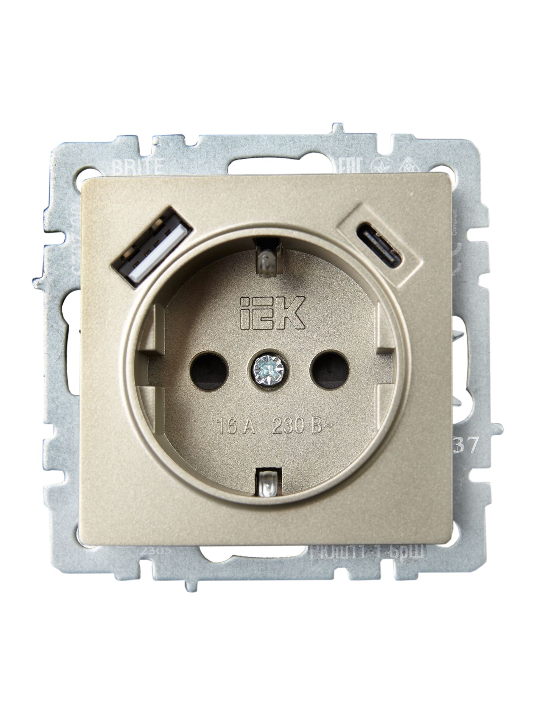 BRITE Розетка 1-местная с заземлением с защитными шторками 16А с USB A+C 18Вт РЮш11-1-БрШ шампань ИЭК