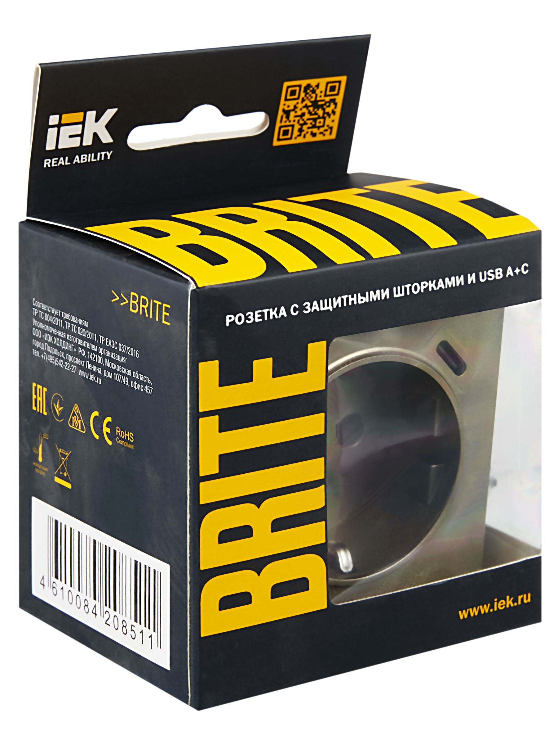 BRITE Розетка 1-местная с заземлением с защитными шторками 16А с USB A+C 18Вт РЮш11-1-БрШ шампань ИЭК
