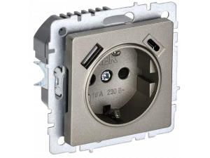 BRITE Розетка 1-местная с зазем. с защитными шторками 16А с USB A+C 18Вт РЮш11-1-БрШ шампань ИЭК