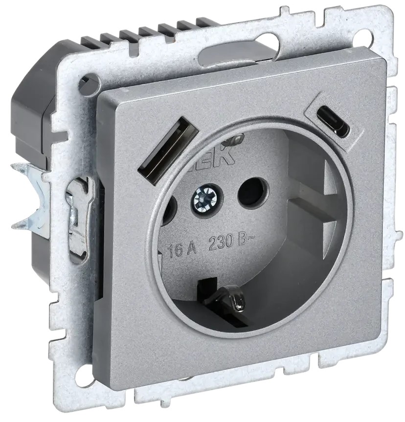 BRITE Розетка 1-местная с заземлением с защитными шторками 16А с USB A+C 18Вт РЮш11-1-БрА алюминий ИЭК