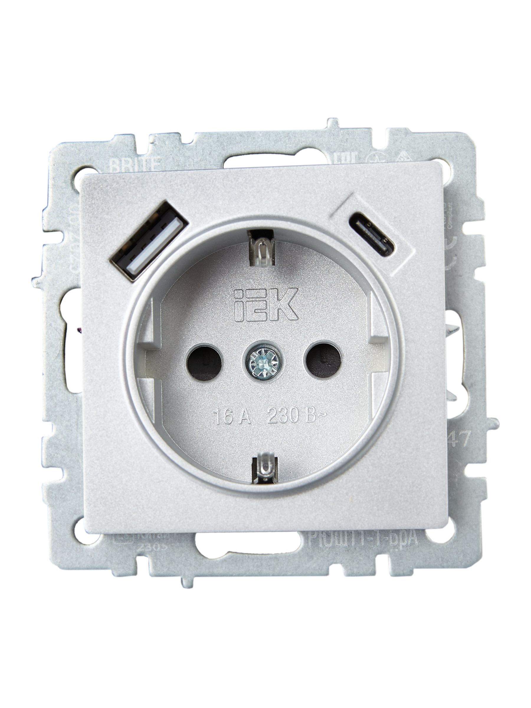 BRITE Розетка 1-местная с заземлением с защитными шторками 16А с USB A+C 18Вт РЮш11-1-БрА алюминий ИЭК
