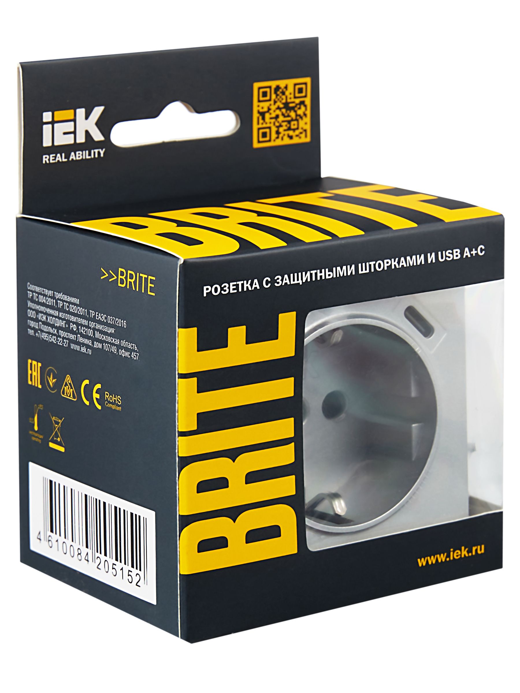 BRITE Розетка 1-местная с заземлением с защитными шторками 16А с USB A+C 18Вт РЮш11-1-БрА алюминий ИЭК