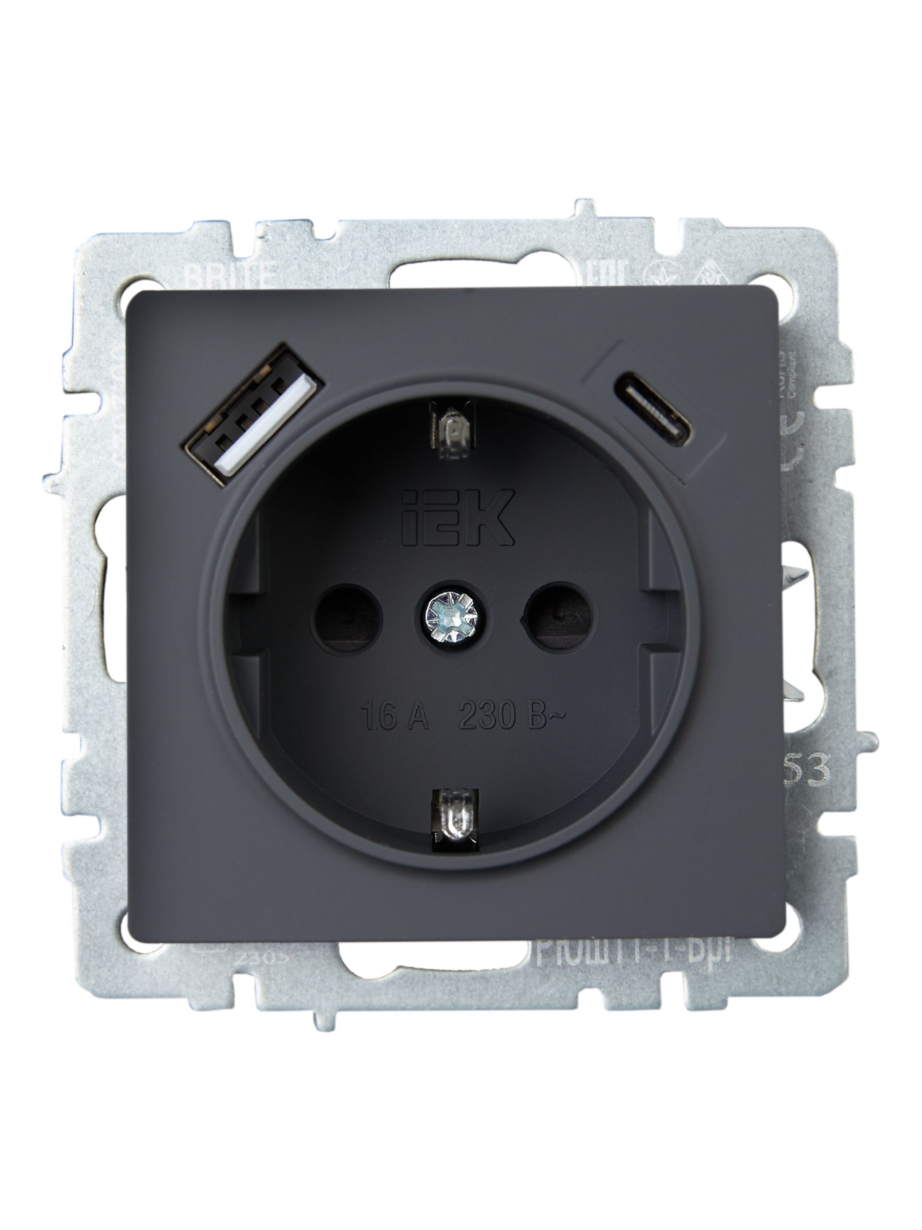 BRITE Розетка 1-местная с заземлением с защитными шторками 16А с USB A+C 18Вт РЮш11-1-БрГ графит ИЭК