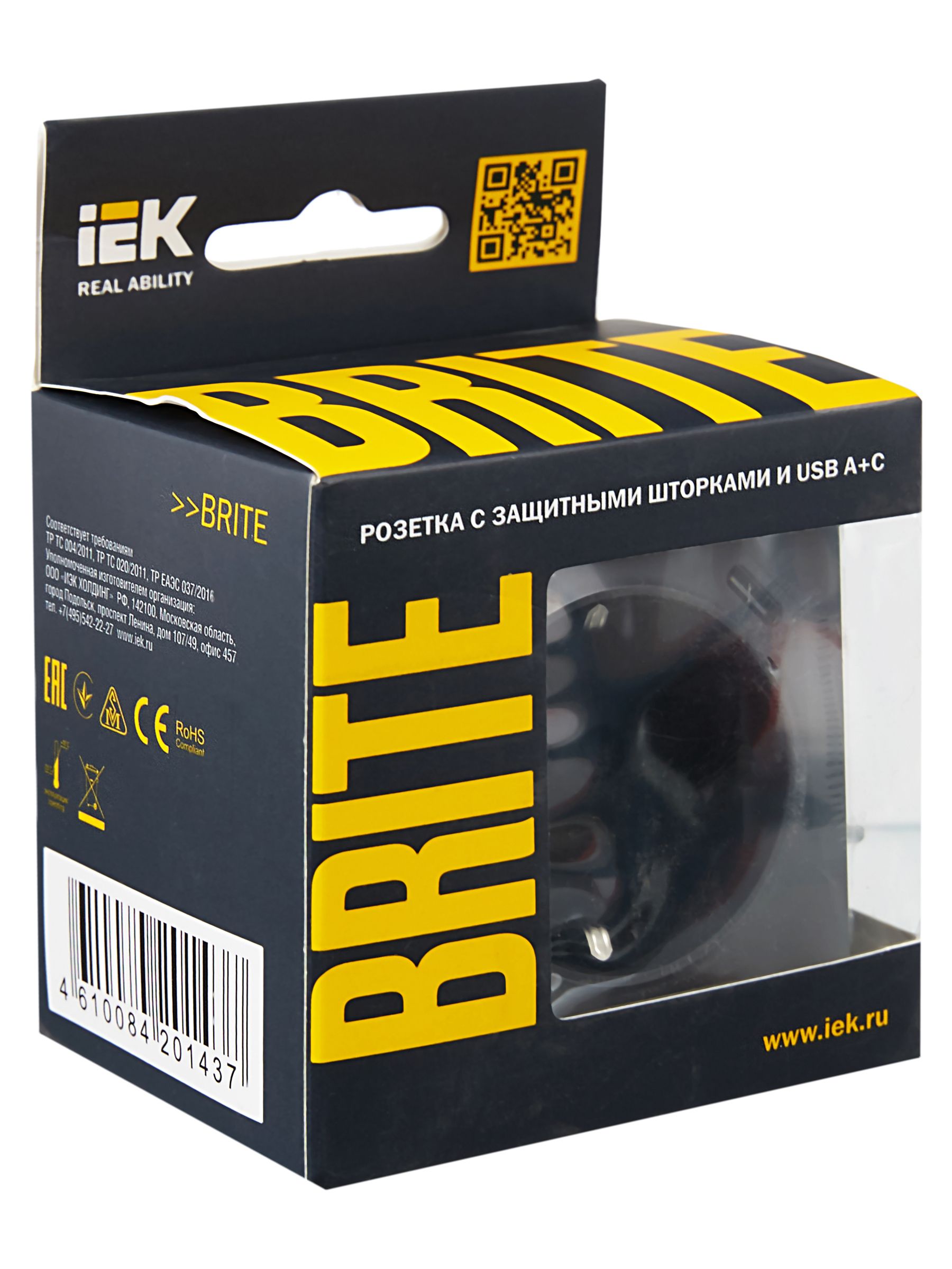 BRITE Розетка 1-местная с заземлением с защитными шторками 16А с USB A+C 18Вт РЮш11-1-БрГ графит ИЭК
