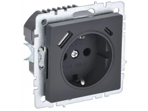 BRITE Розетка 1-местная с заземлением с защитными шторками 16А с USB A+C 18Вт РЮш11-1-БрГ графит ИЭК