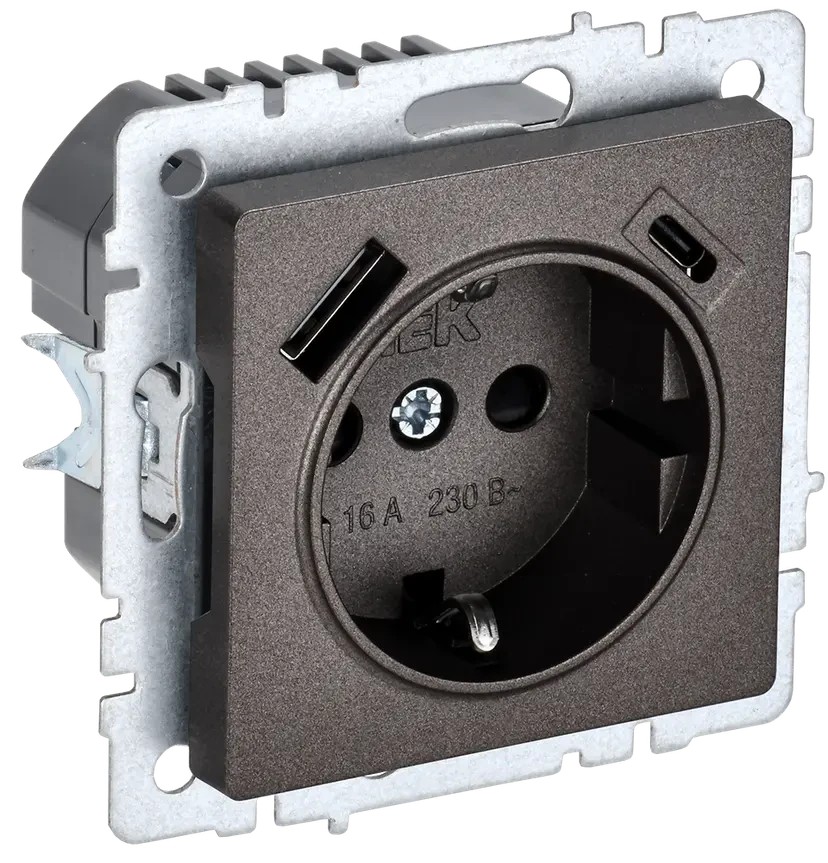 BRITE Розетка 1-местная с заземлением с защитными шторками 16А с USB A+C 18Вт РЮш11-1-БрТБ темная бронза ИЭК