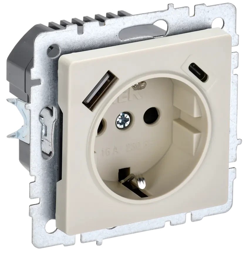 BRITE Розетка 1-местная с заземлением с защитными шторками 16А с USB A+C 18Вт РЮш11-1-БрКр бежевый ИЭК