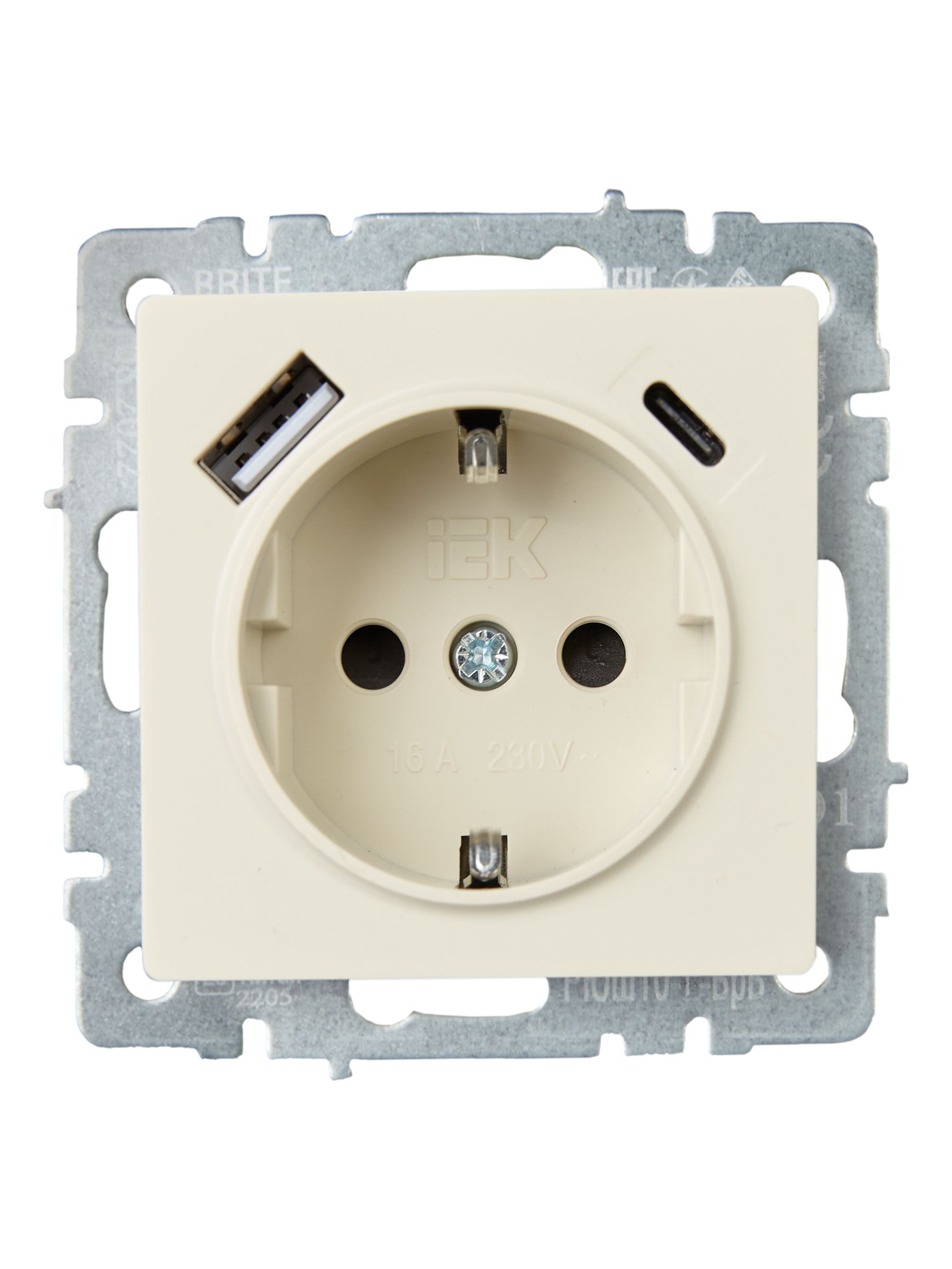 BRITE Розетка 1-местная с заземлением с защитными шторками 16А с USB A+C 18Вт РЮш11-1-БрКр бежевый ИЭК