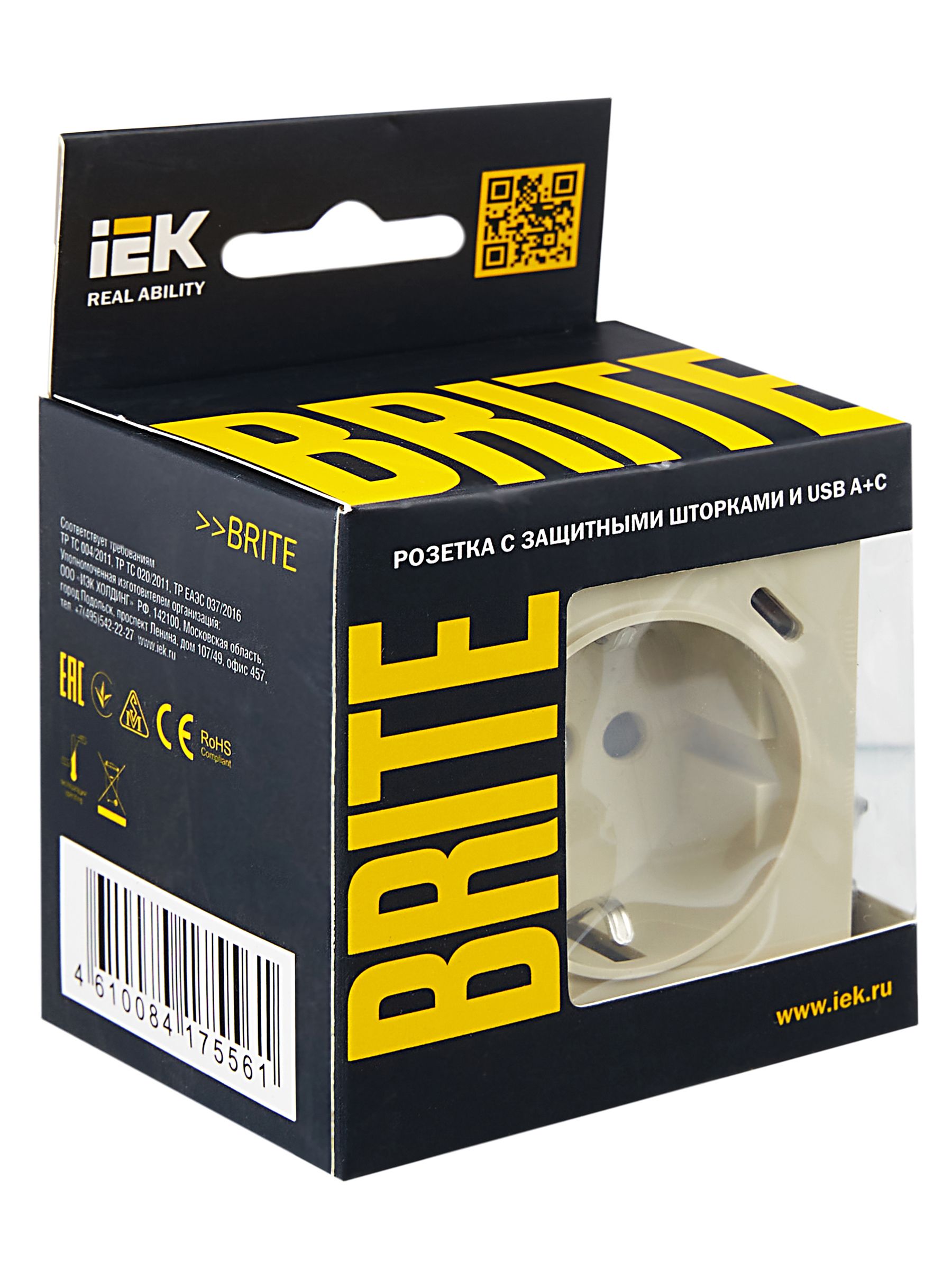 BRITE Розетка 1-местная с заземлением с защитными шторками 16А с USB A+C 18Вт РЮш11-1-БрКр бежевый ИЭК