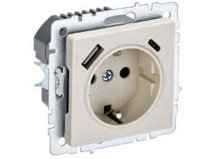 BRITE Розетка 1-местная с заземлением с защитными шторками 16А с USB A+C 18Вт РЮш11-1-БрКр бежев ИЭК